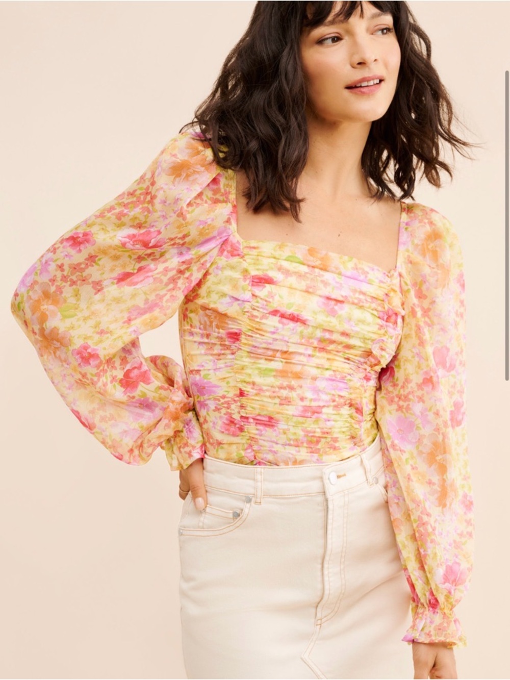 NWT Astr The Label Floral Puff-Sleeve Square Neck Cropped Top - Size S